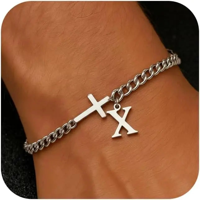 Cross Cuban Stainless Steel Initial Bracelets