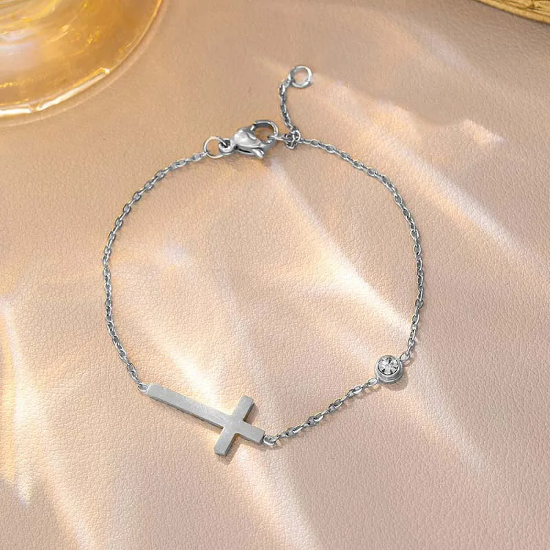Sideways Cross Chain Bracelet with CZ Accent