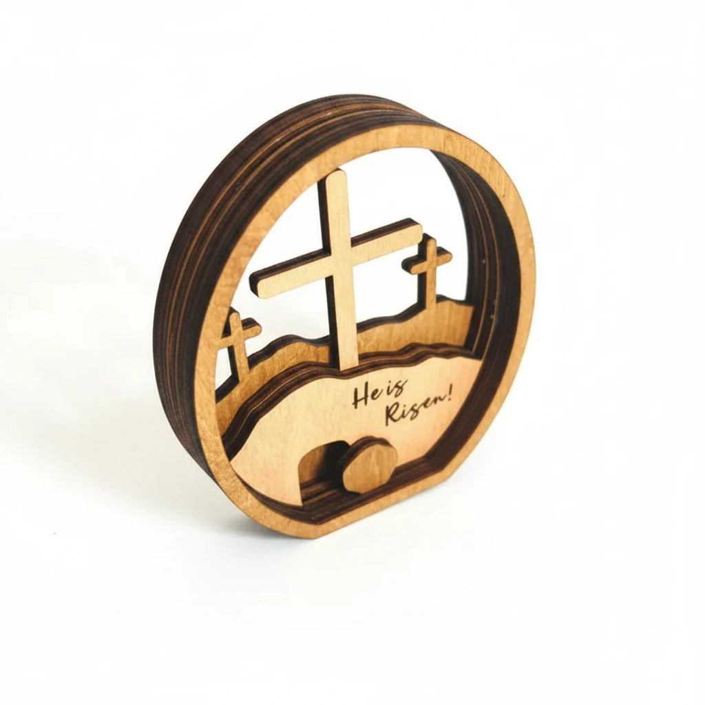 He Is Risen 3D Wooden Open Tomb Decor