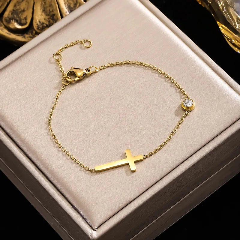 Sideways Cross Chain Bracelet with CZ Accent
