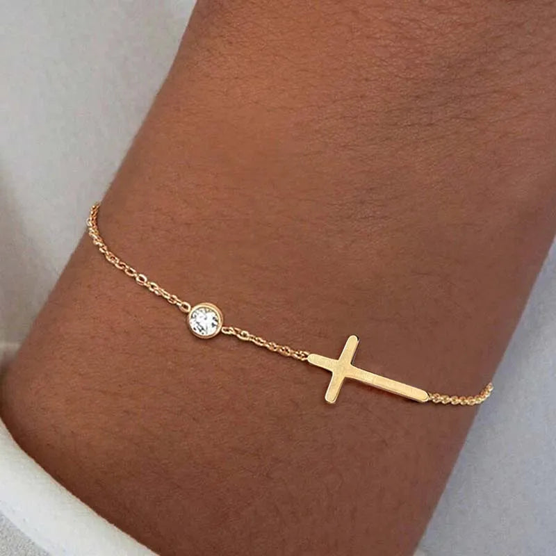 Sideways Cross Chain Bracelet with CZ Accent