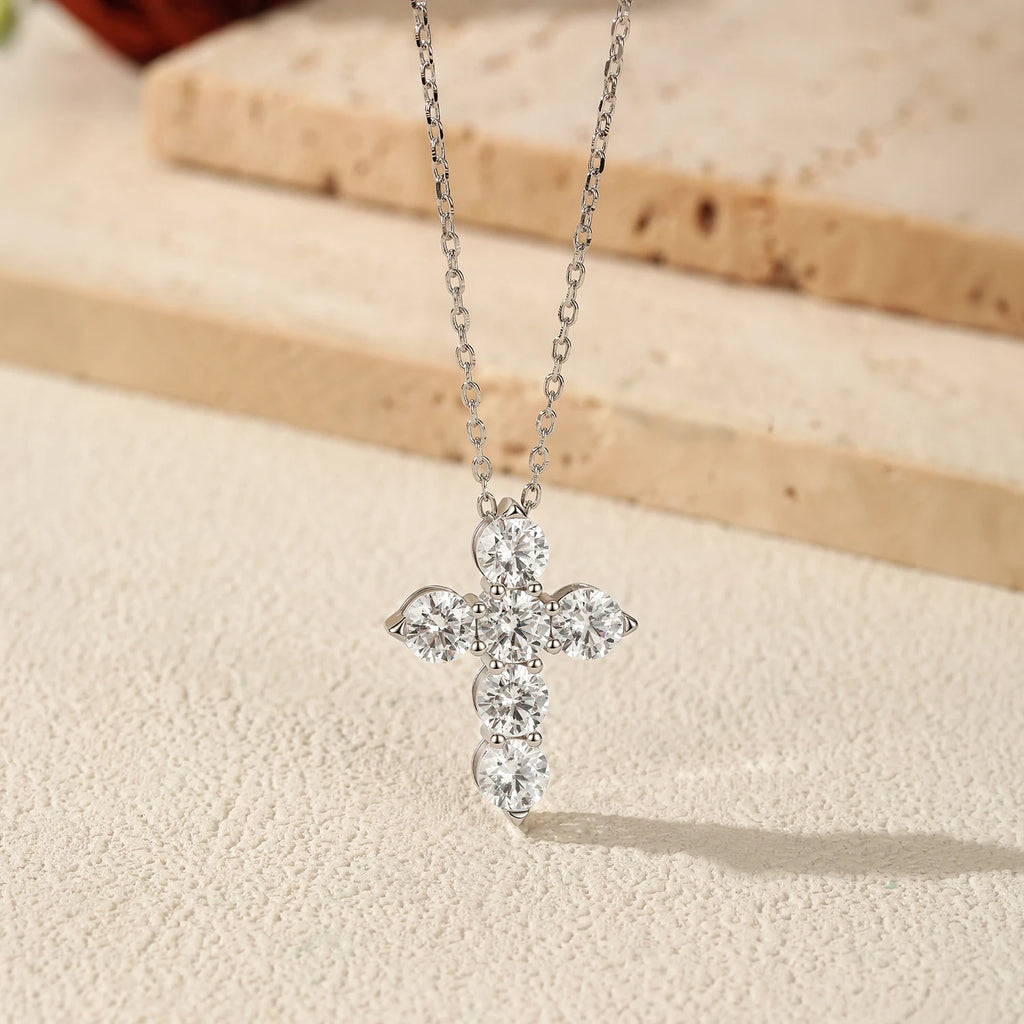Cluster Moissanite Cross Pendant Necklace