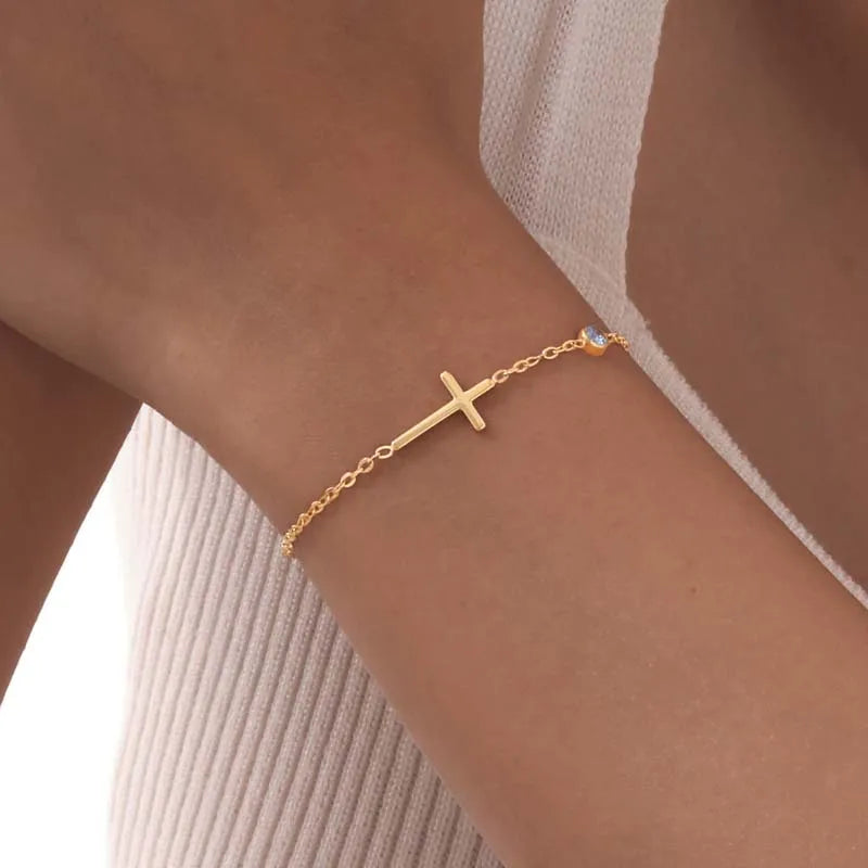 Sideways Cross Chain Bracelet with CZ Accent