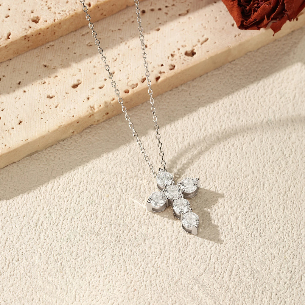 Cluster Moissanite Cross Pendant Necklace