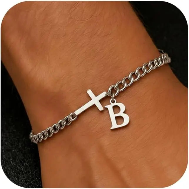 Cross Cuban Stainless Steel Initial Bracelets