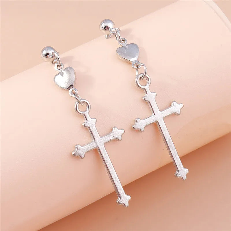 Silver Heart & Cross Dangle Earrings