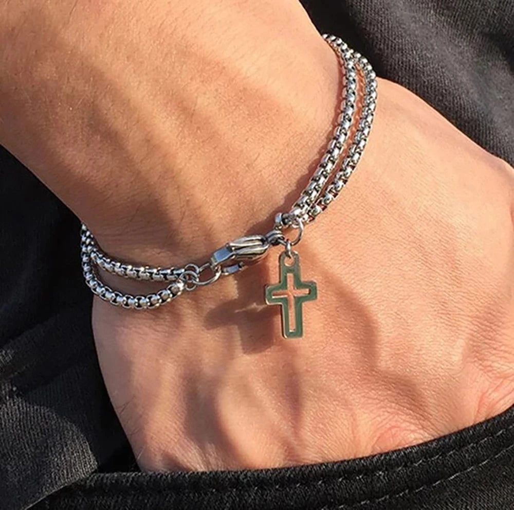 Stainless Steel Double Chain Cross Bracelet