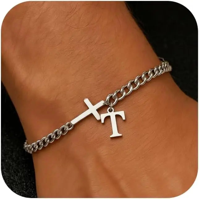 Cross Cuban Stainless Steel Initial Bracelets