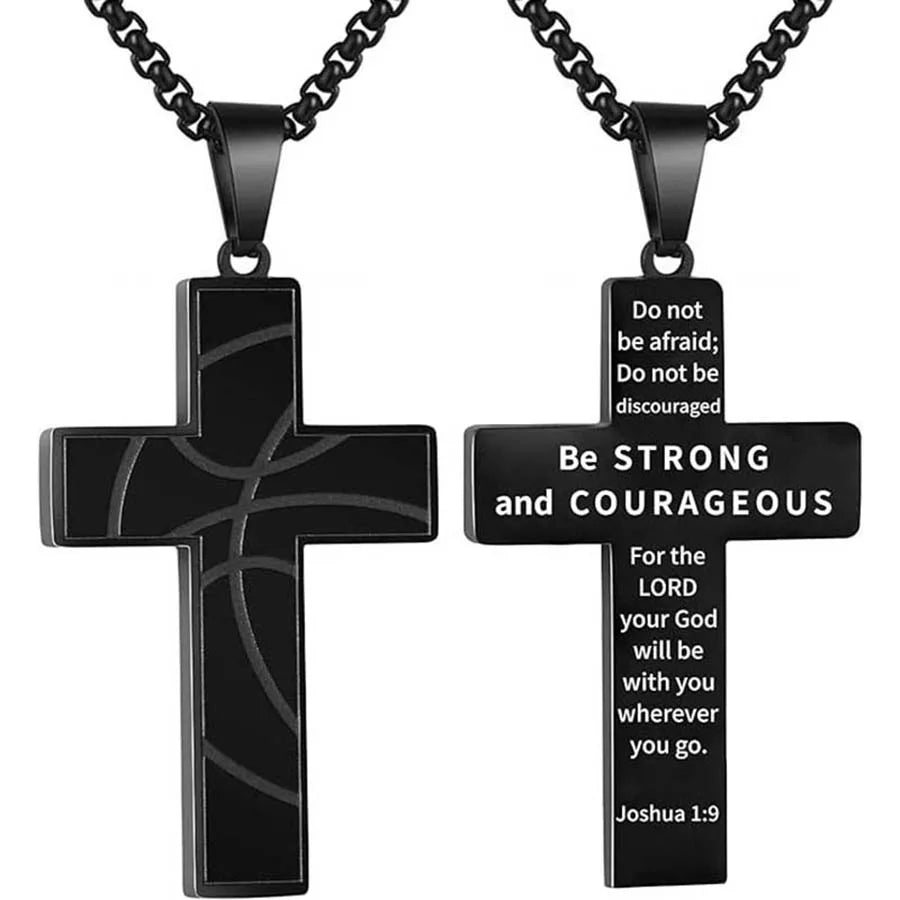 Be Strong and Courageous Basketball Cross Necklace