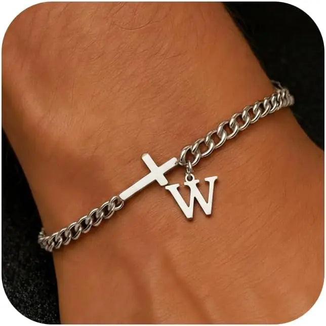 Cross Cuban Stainless Steel Initial Bracelets