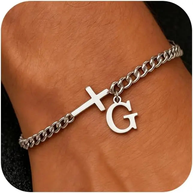Cross Cuban Stainless Steel Initial Bracelets