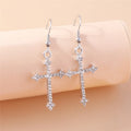 Slim Crystal Cross Drop Earrings – Silver
