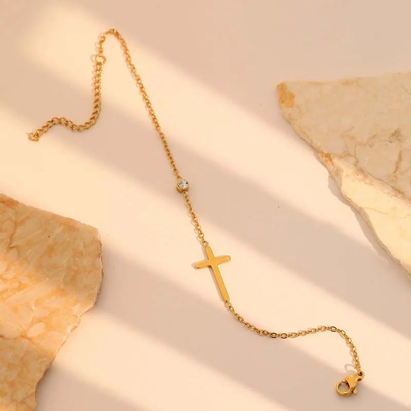 Sideways Cross Chain Bracelet with CZ Accent