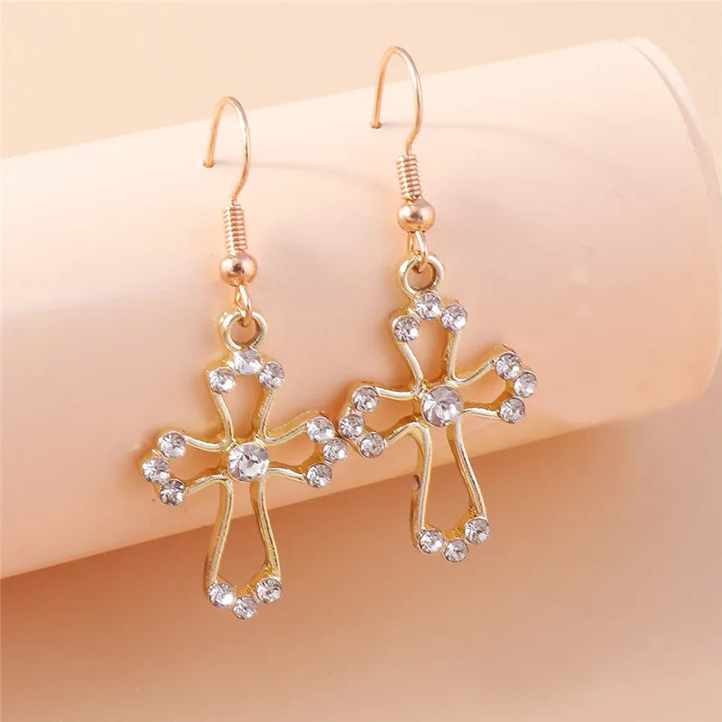 Hollowed Cross Crystal Drop Earrings