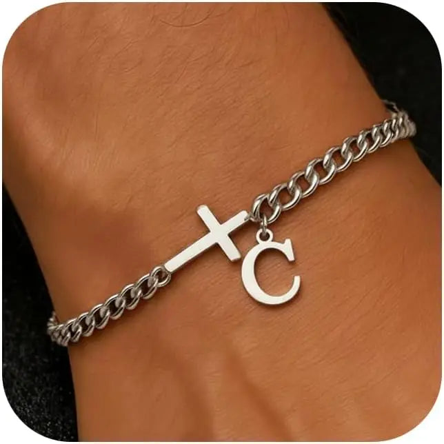 Cross Cuban Stainless Steel Initial Bracelets