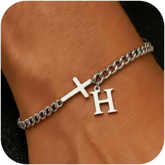 Cross Cuban Stainless Steel Initial Bracelets