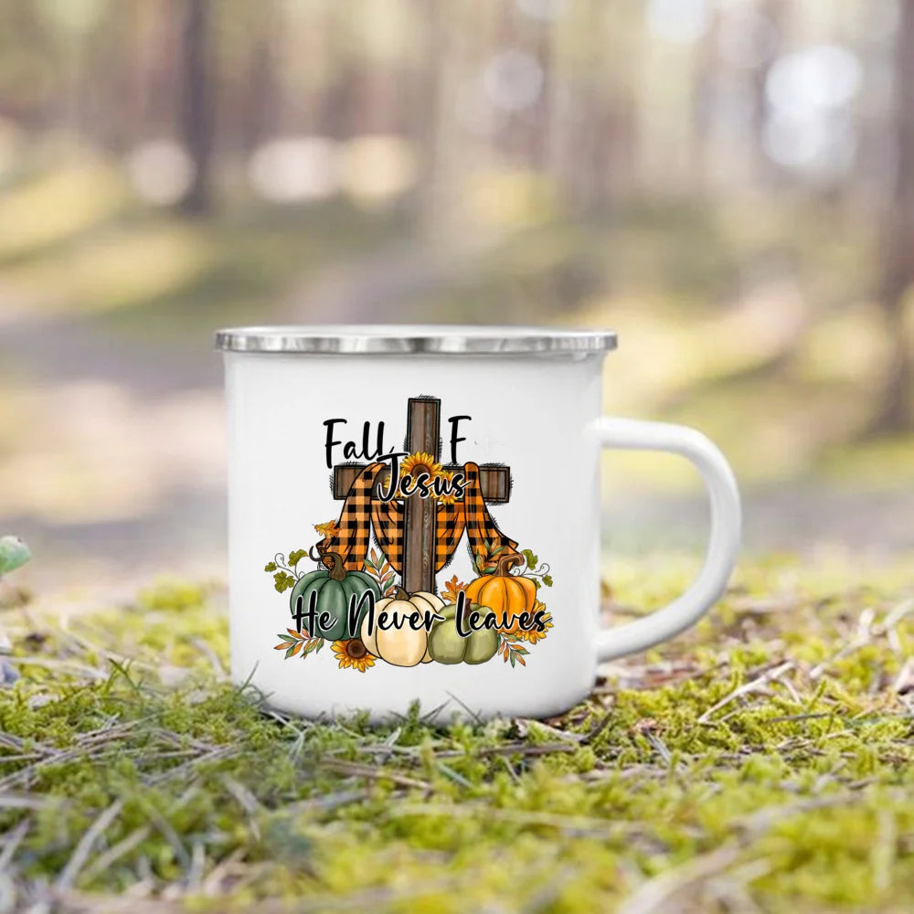 Fall for Jesus He Never Leaves Autumn Enamel Mugs
