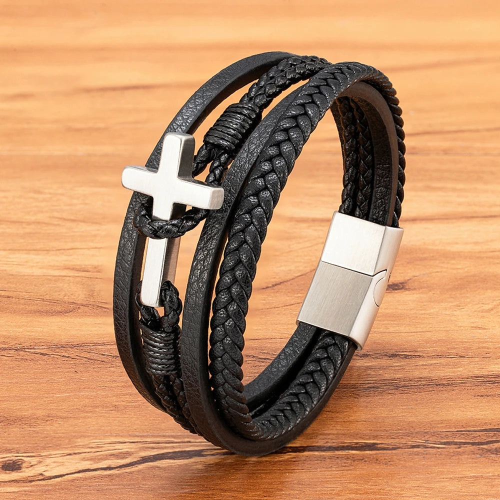 Cross Leather Bracelet with Magnetic Clasp