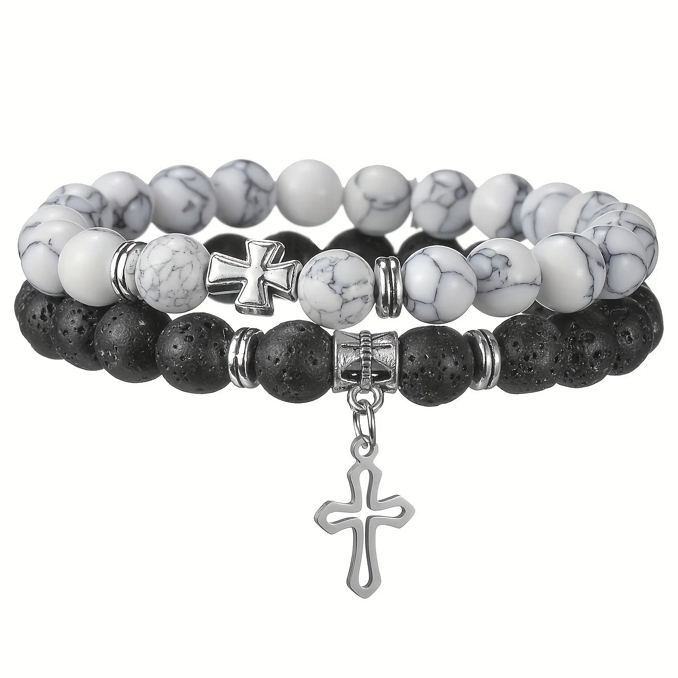 2-Piece Volcanic Stone & Howlite Cross Bracelet Set