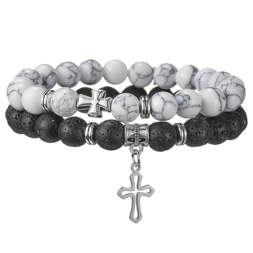 2-Piece Volcanic Stone & Howlite Cross Bracelet Set