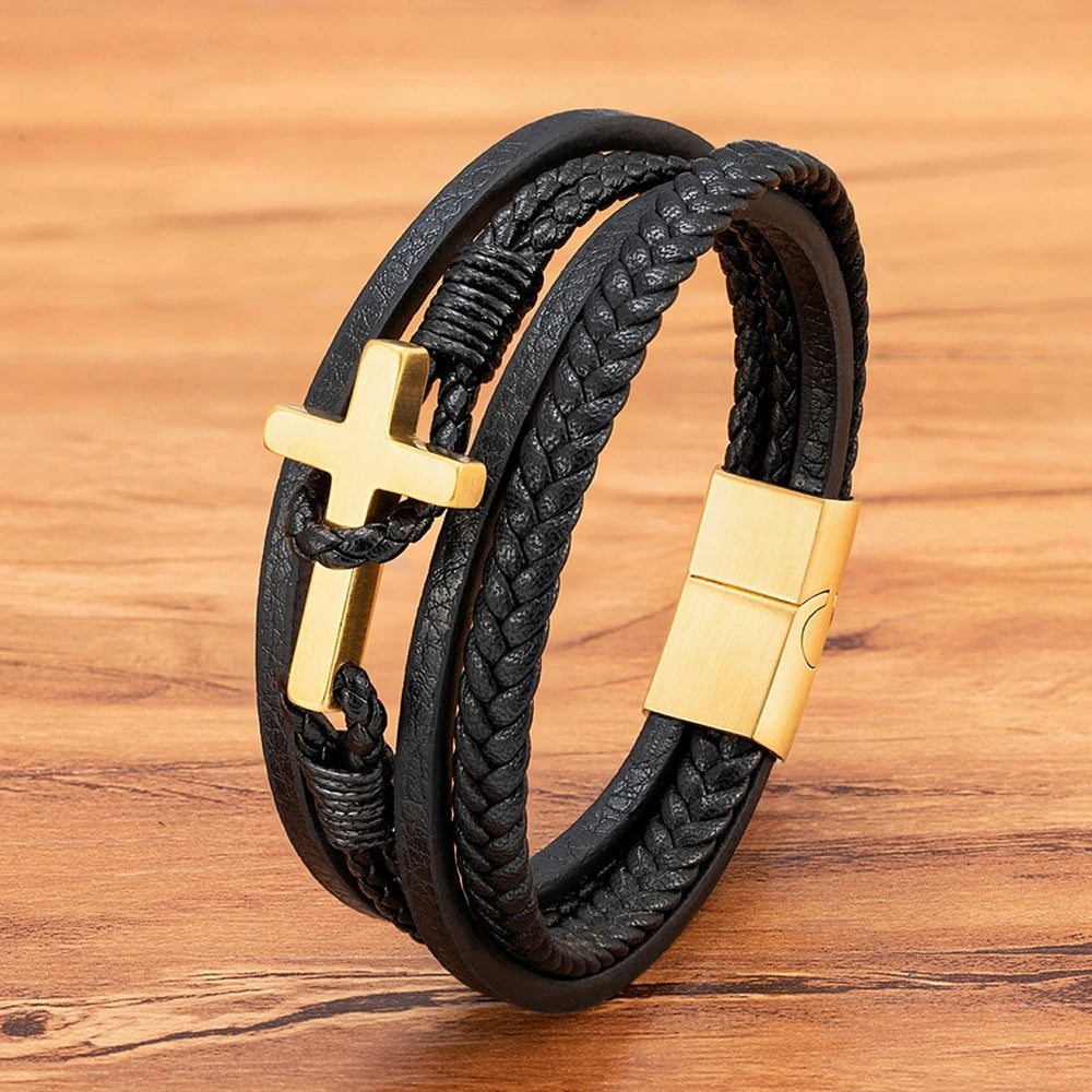 Cross Leather Bracelet with Magnetic Clasp