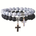 2-Piece Volcanic Stone & Howlite Cross Bracelet Set
