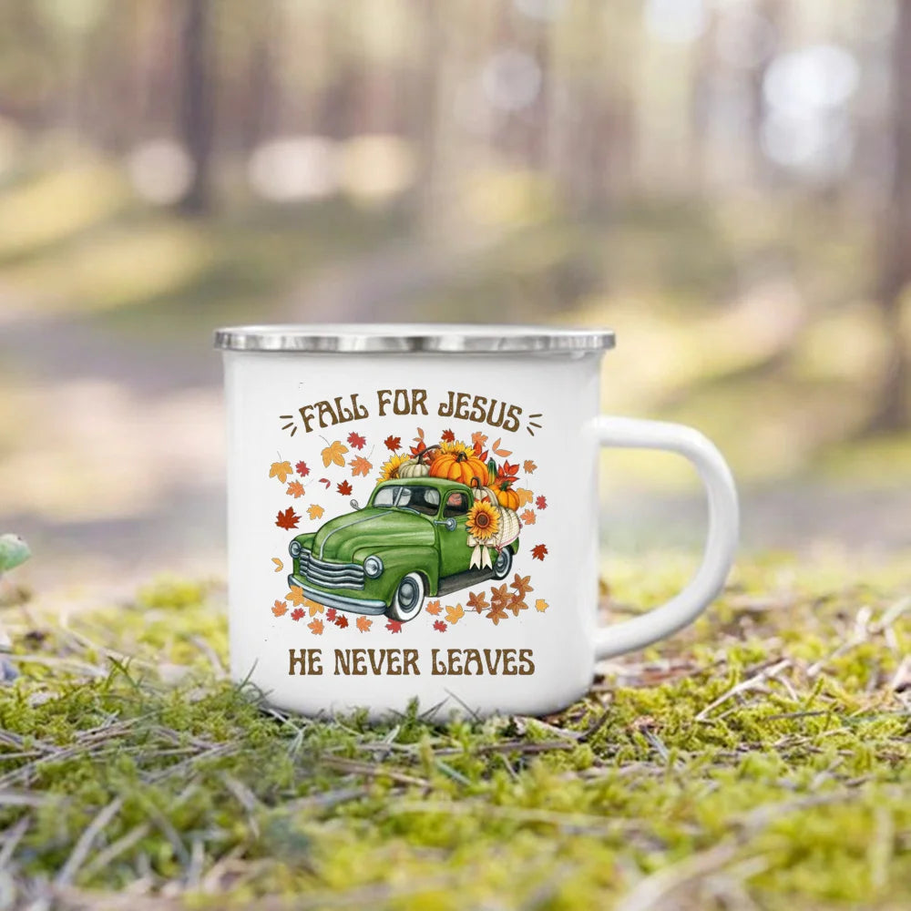 Fall for Jesus He Never Leaves Autumn Enamel Mugs