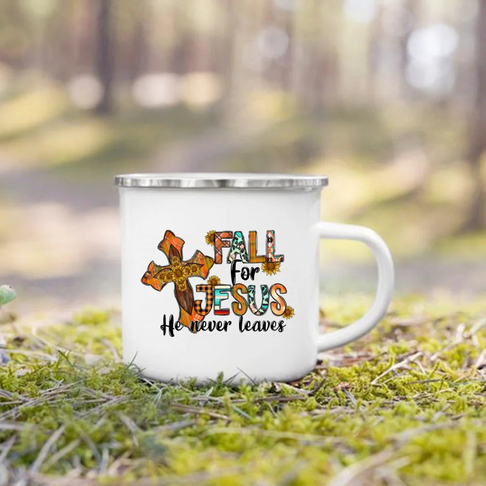 Fall for Jesus He Never Leaves Autumn Enamel Mugs