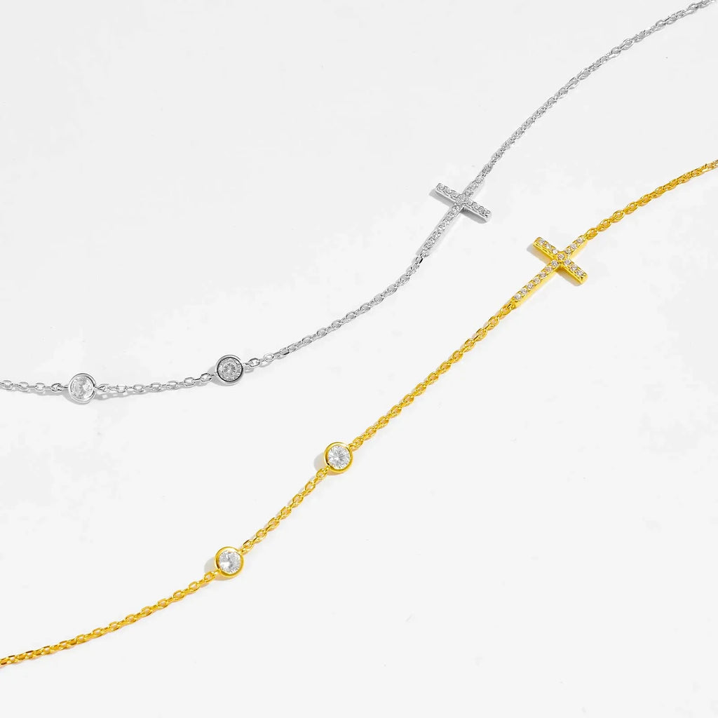 Sideways Cross Zircon Pendant Necklace