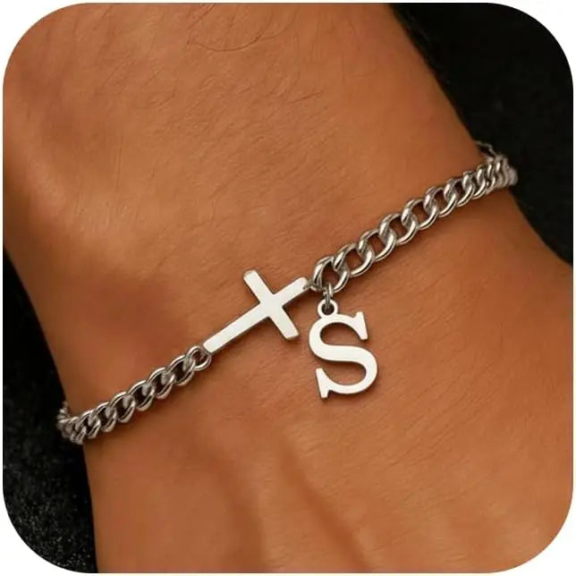 Cross Cuban Stainless Steel Initial Bracelets