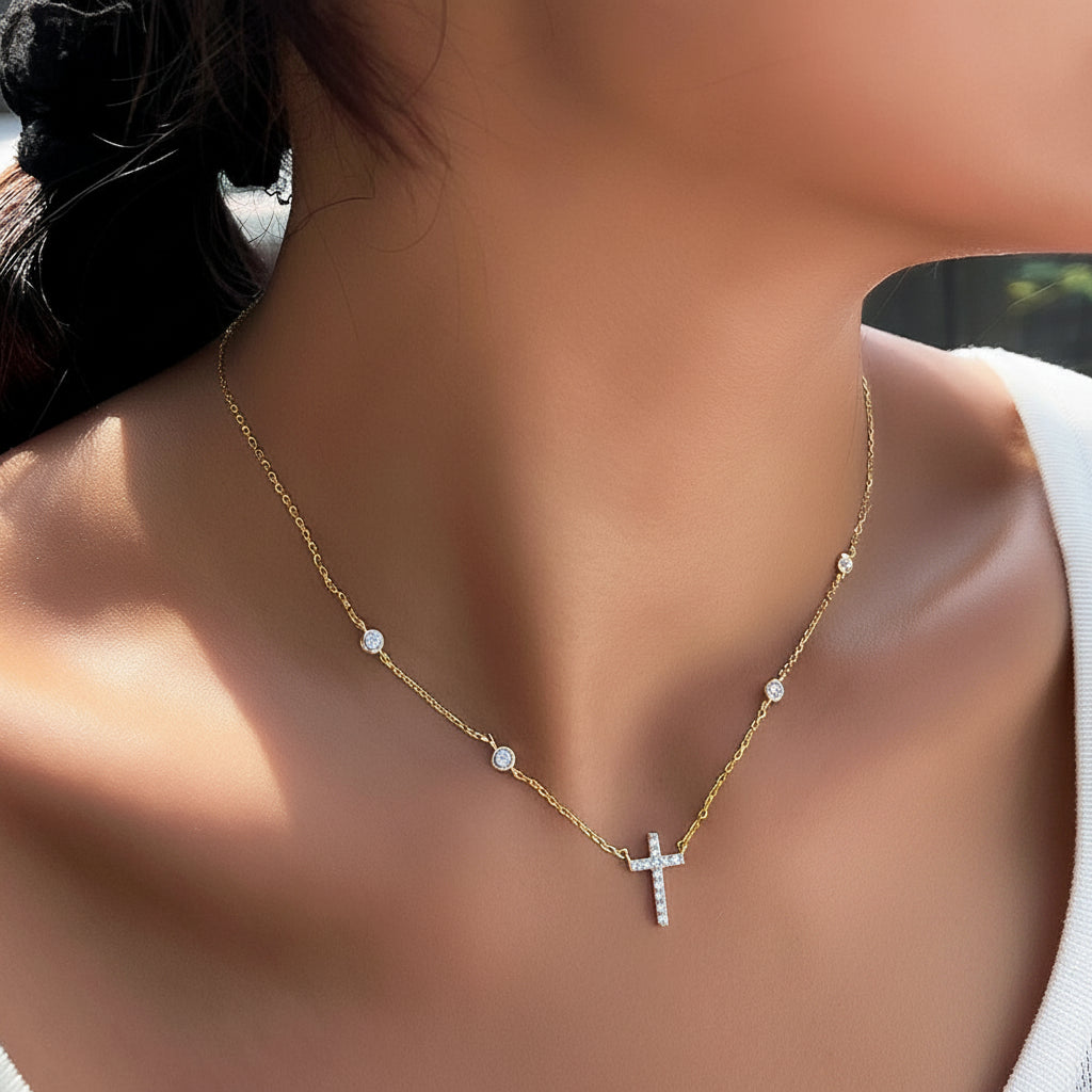 Station Chain Cross Pendant Necklace