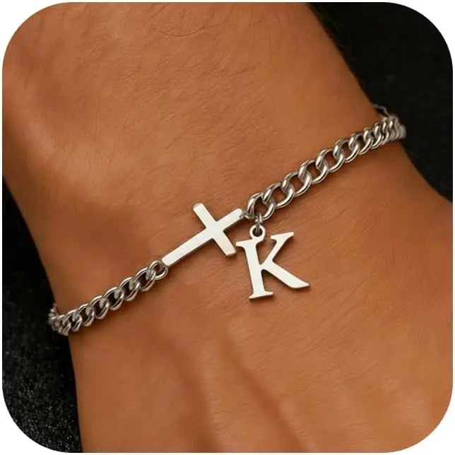 Cross Cuban Stainless Steel Initial Bracelets