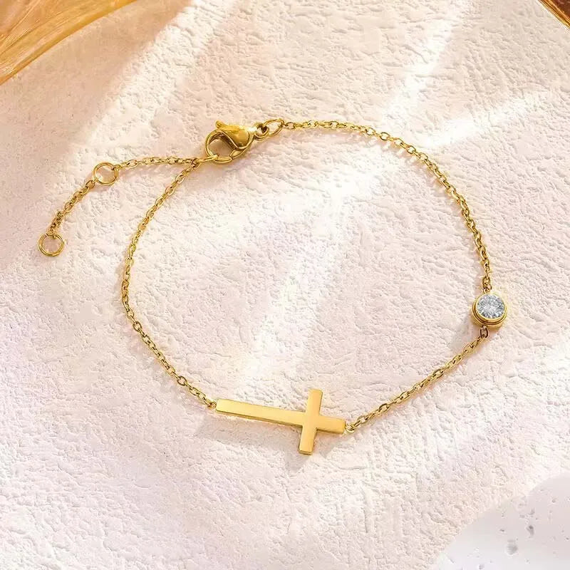 Sideways Cross Chain Bracelet with CZ Accent