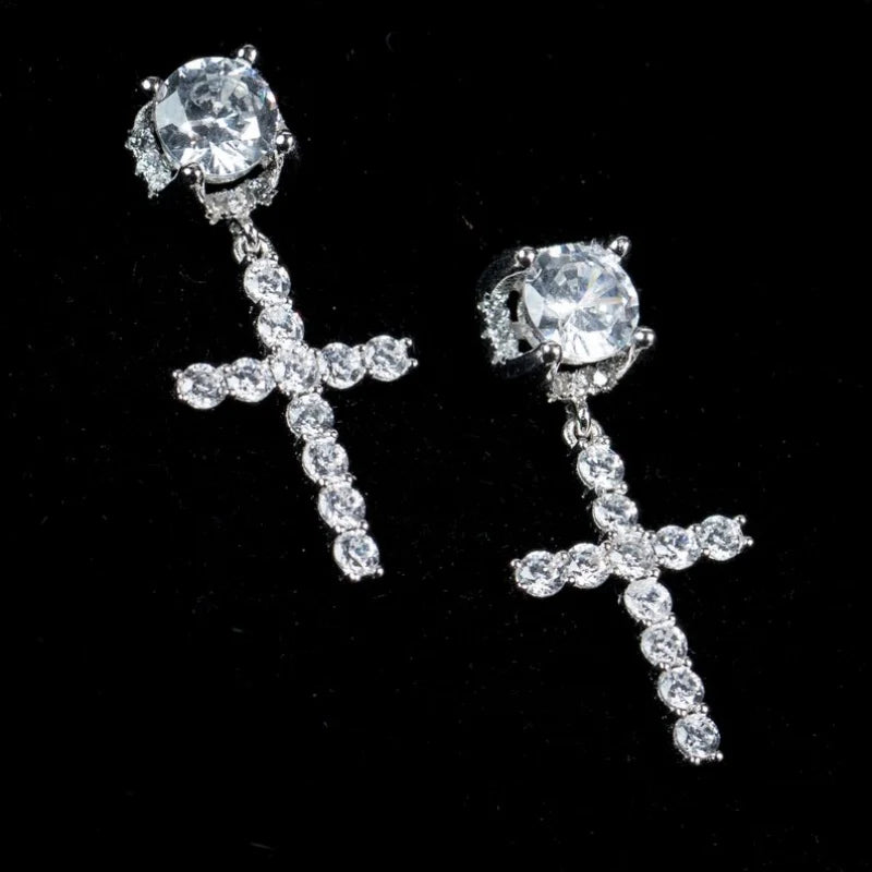 CZ Cross Drop Stud Earrings