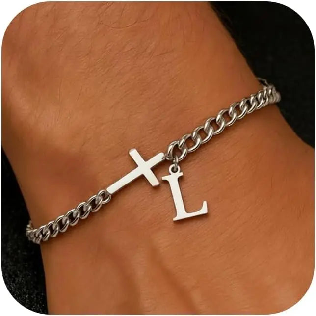 Cross Cuban Stainless Steel Initial Bracelets