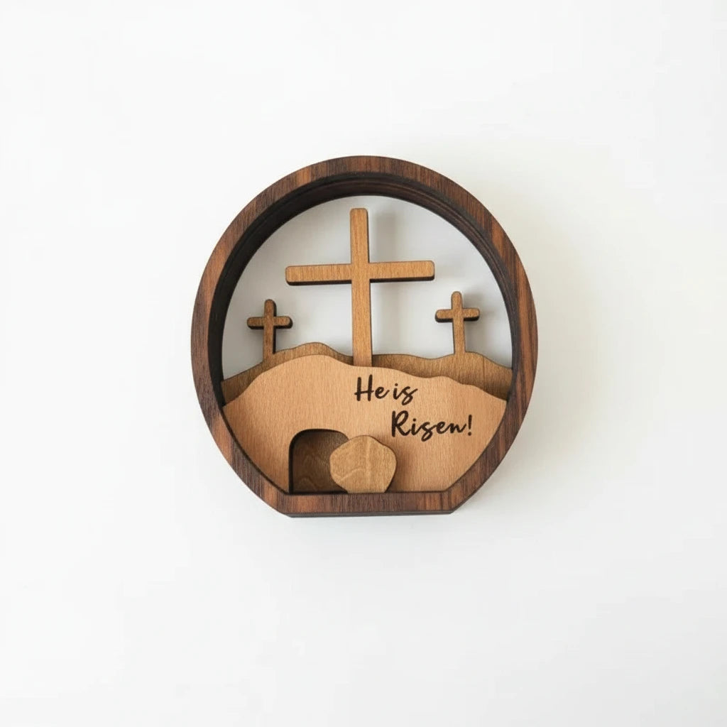 He Is Risen 3D Wooden Open Tomb Decor