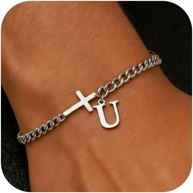 Cross Cuban Stainless Steel Initial Bracelets