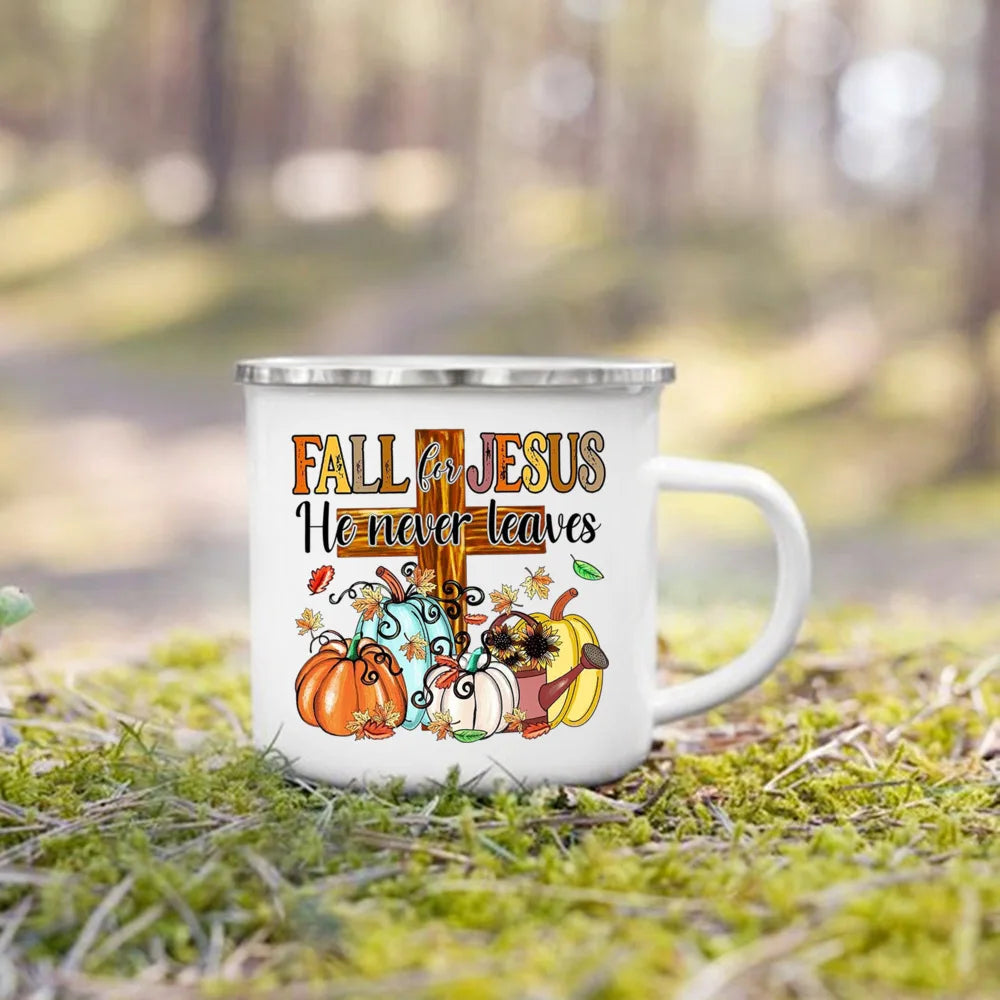 Fall for Jesus He Never Leaves Autumn Enamel Mugs