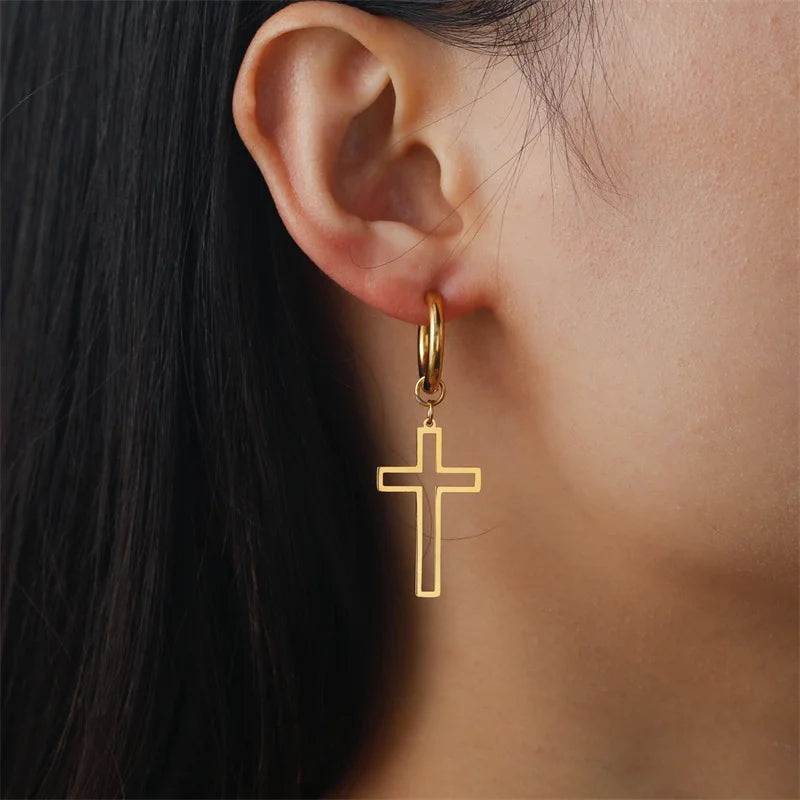Hollow Cross Hoop Drop Earrings