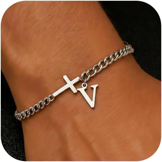 Cross Cuban Stainless Steel Initial Bracelets
