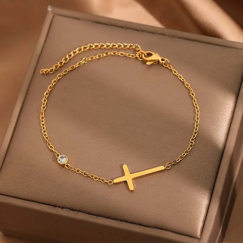 Sideways Cross Chain Bracelet with CZ Accent
