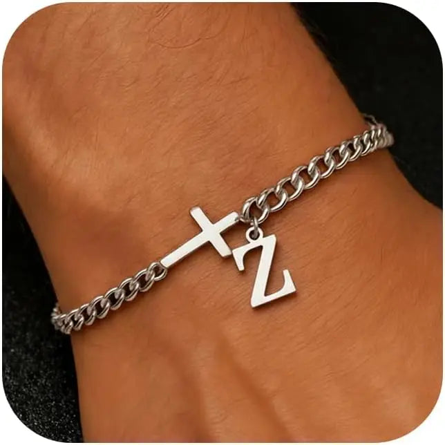 Cross Cuban Stainless Steel Initial Bracelets