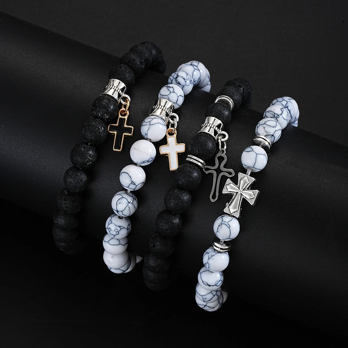 4-Piece Beaded Cross Pendant Bracelets
