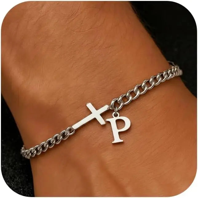 Cross Cuban Stainless Steel Initial Bracelets