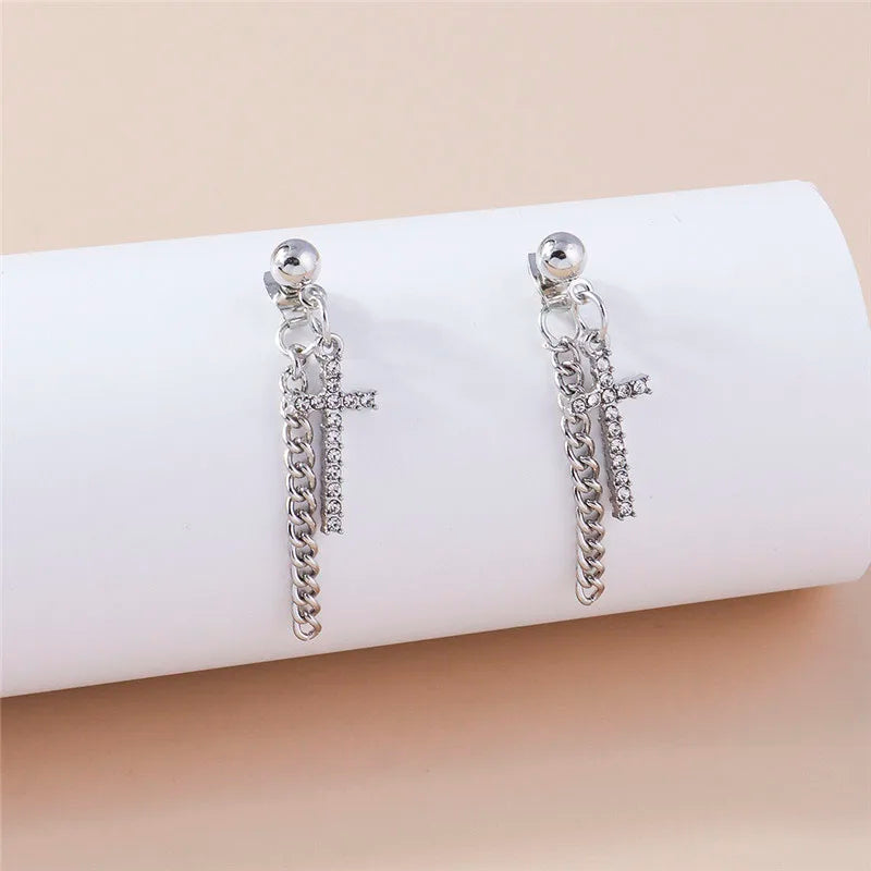 Silver Crystal Cross Chain Dangle Earrings