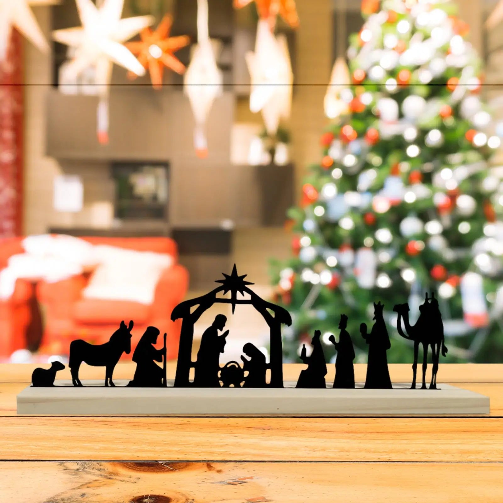 Metal Nativity Decor with Removable Wooden Base
