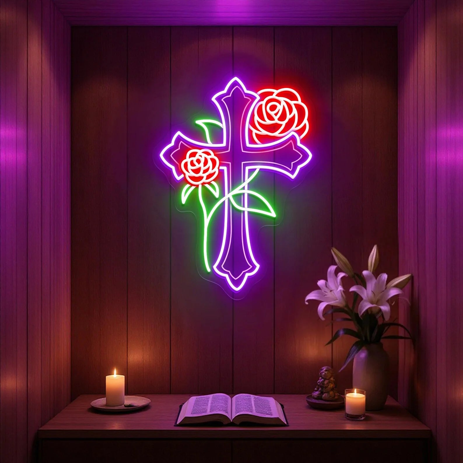 Cross & Rose Neon Sign