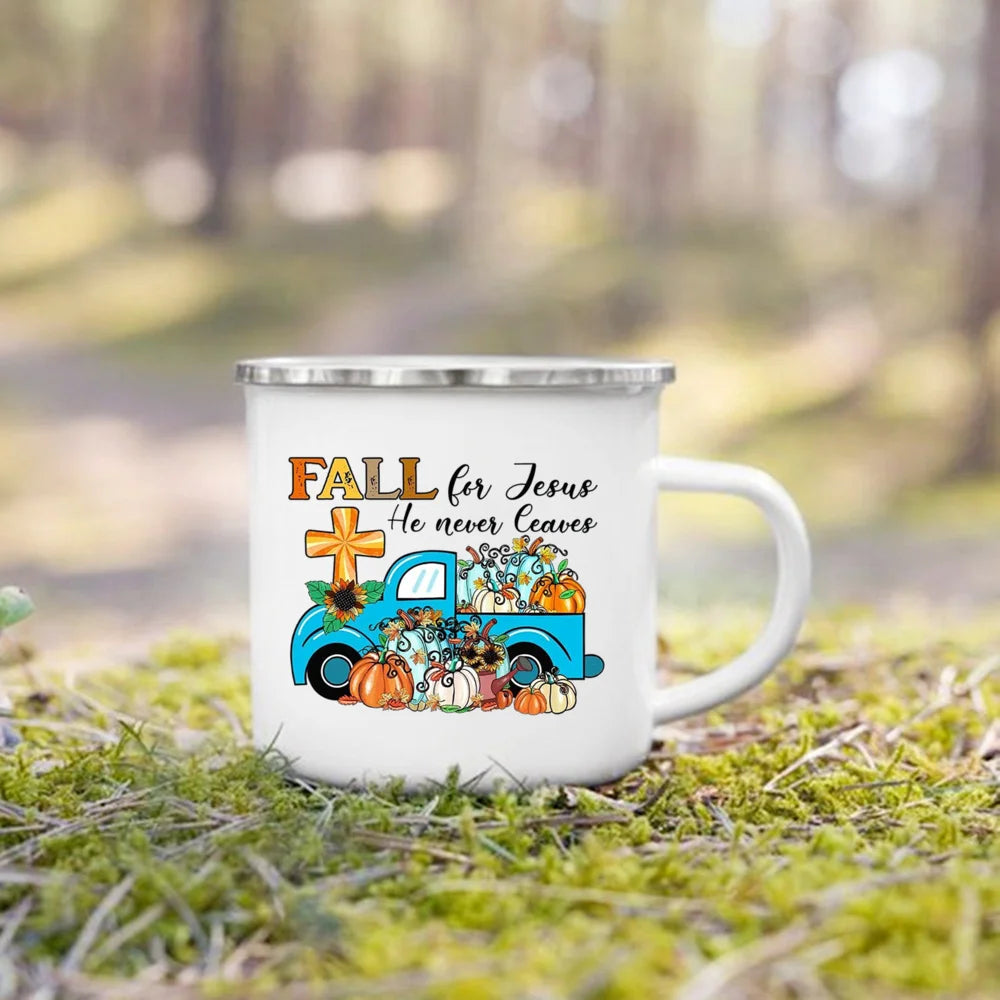 Fall for Jesus He Never Leaves Autumn Enamel Mugs