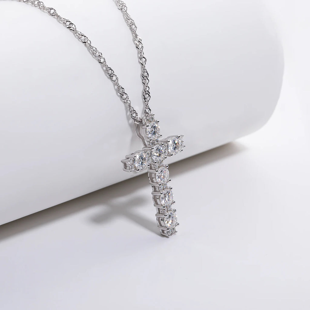 Halo Moissanite Cross Pendant Necklace