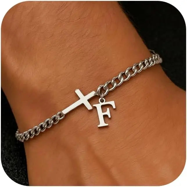 Cross Cuban Stainless Steel Initial Bracelets